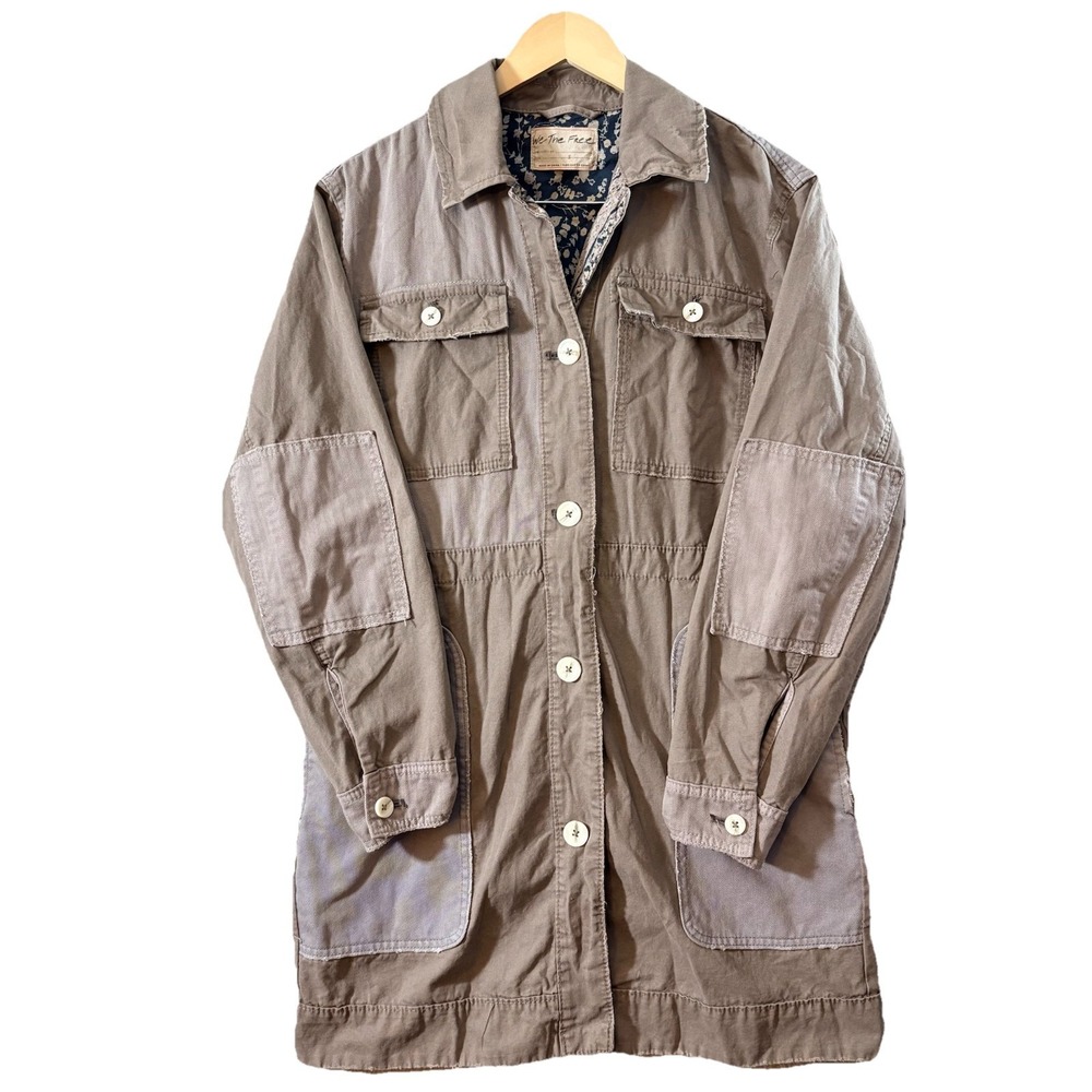 We The Free Utility Jacket Womens Taupe Gray Cotton Size S Workwear Patch Casual